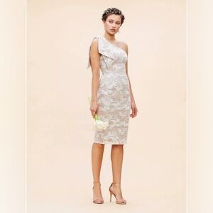 Dress the Population Thalia lace one shoulder bow sheath dress in ivory